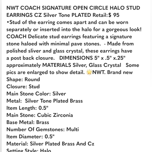 🔹️ COACH🔹️ CIRCLE HALO STUD EARRINGS CZ SilverTone PLATED NWT ✨️ - Picture 5 of 6